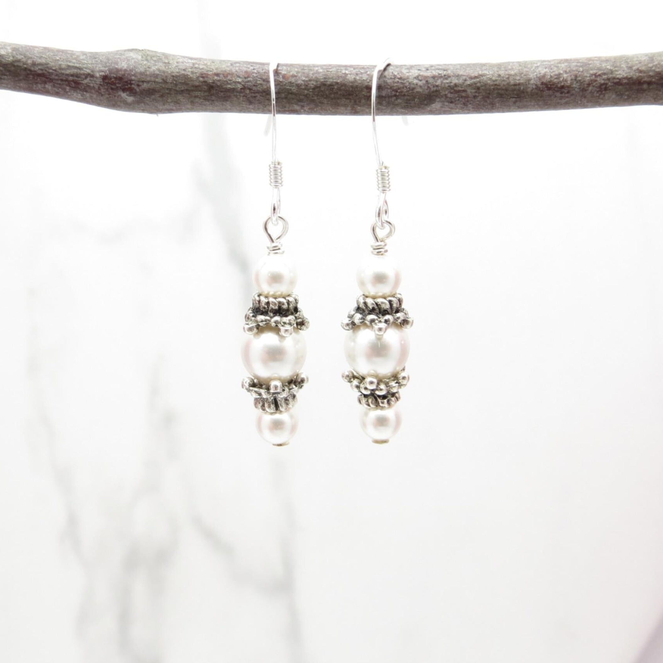 White Swarovski Pearl Dangle Earrings with Bali Pewter