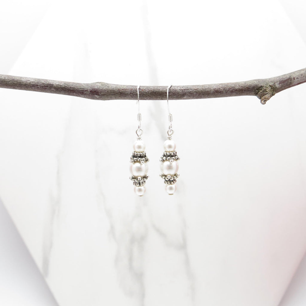 White Swarovski Pearl Dangle Earrings with Bali Pewter