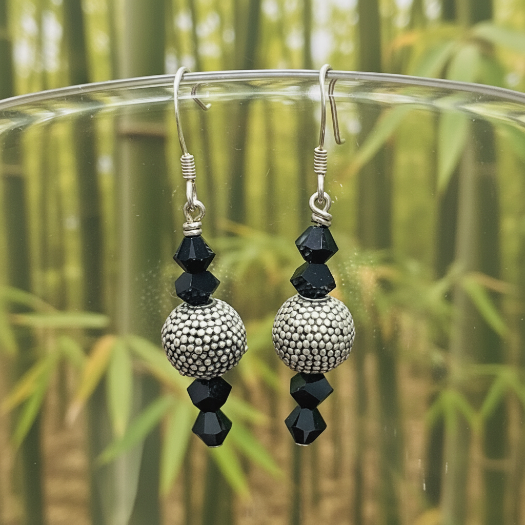 Sterling Silver Bali Bead Earrings with Jet Swarovski Crystals