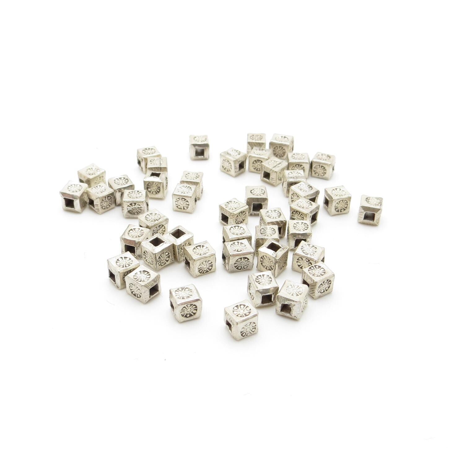 Thai Hill Tribe Silver Bead with Sun Design - Square Cube 4.5mm (4)
