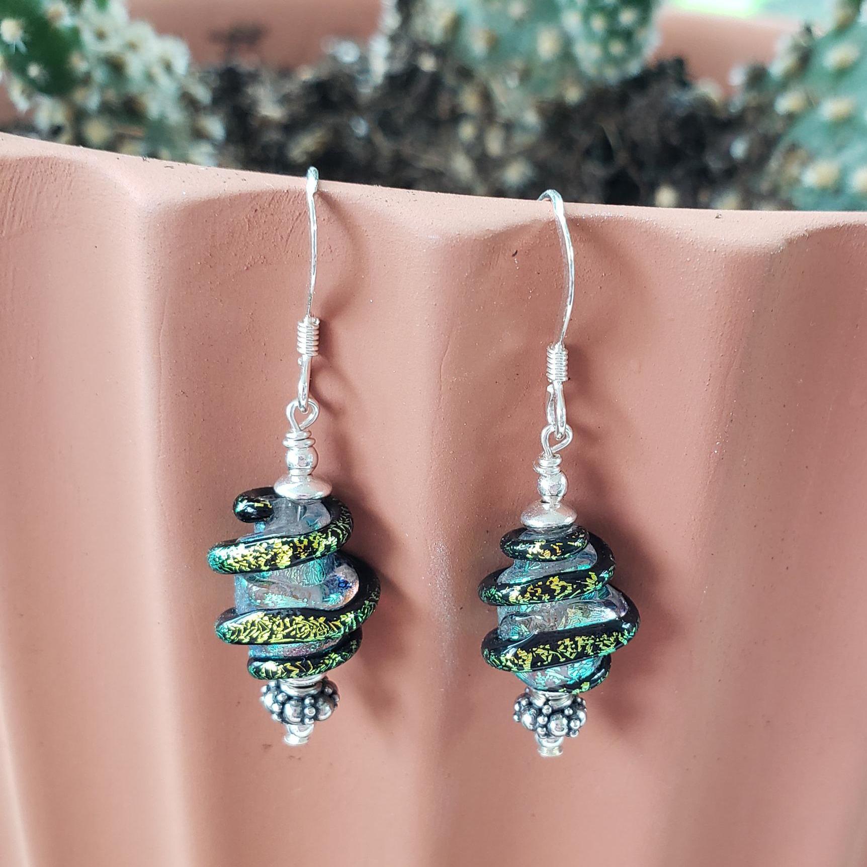 Handmade Dichroic Glass and Bali Bead Earrings