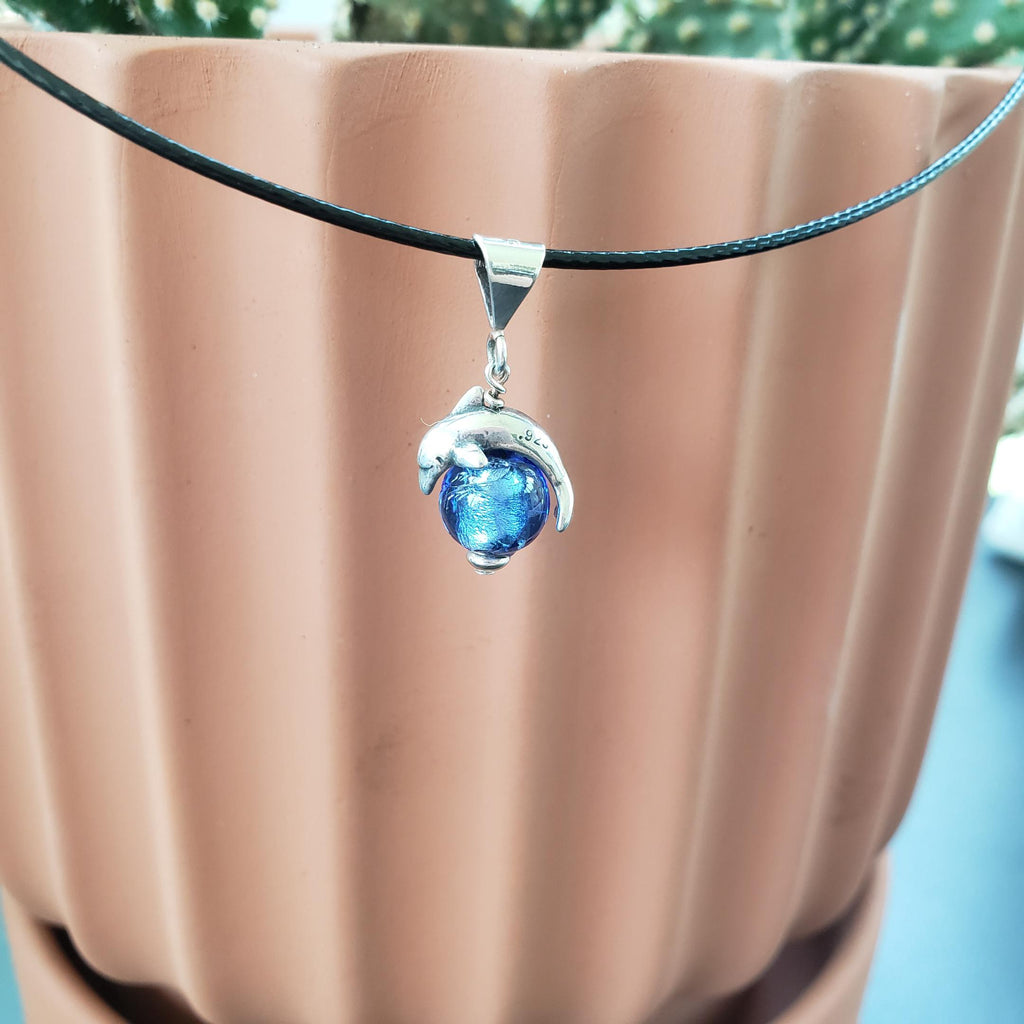 Sterling Silver Dolphin Pendant with Venetian Glass Bead