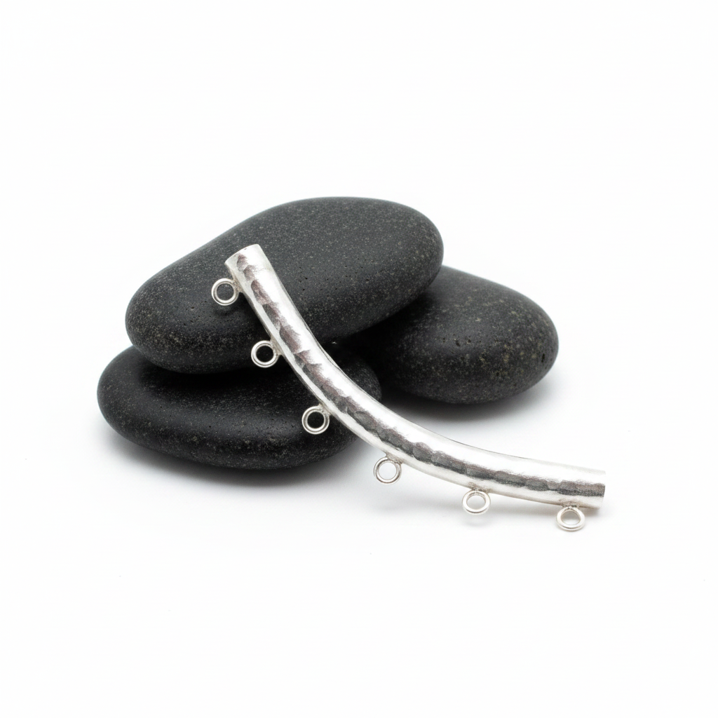 Hill Tribe Silver Hammered Curved Tube with Rings - 76mm x 7.5mm - Fine Silver