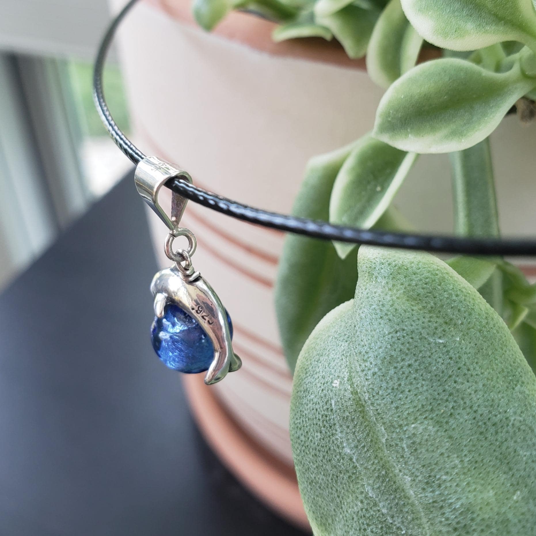 Sterling Silver Dolphin Pendant with Venetian Glass Bead